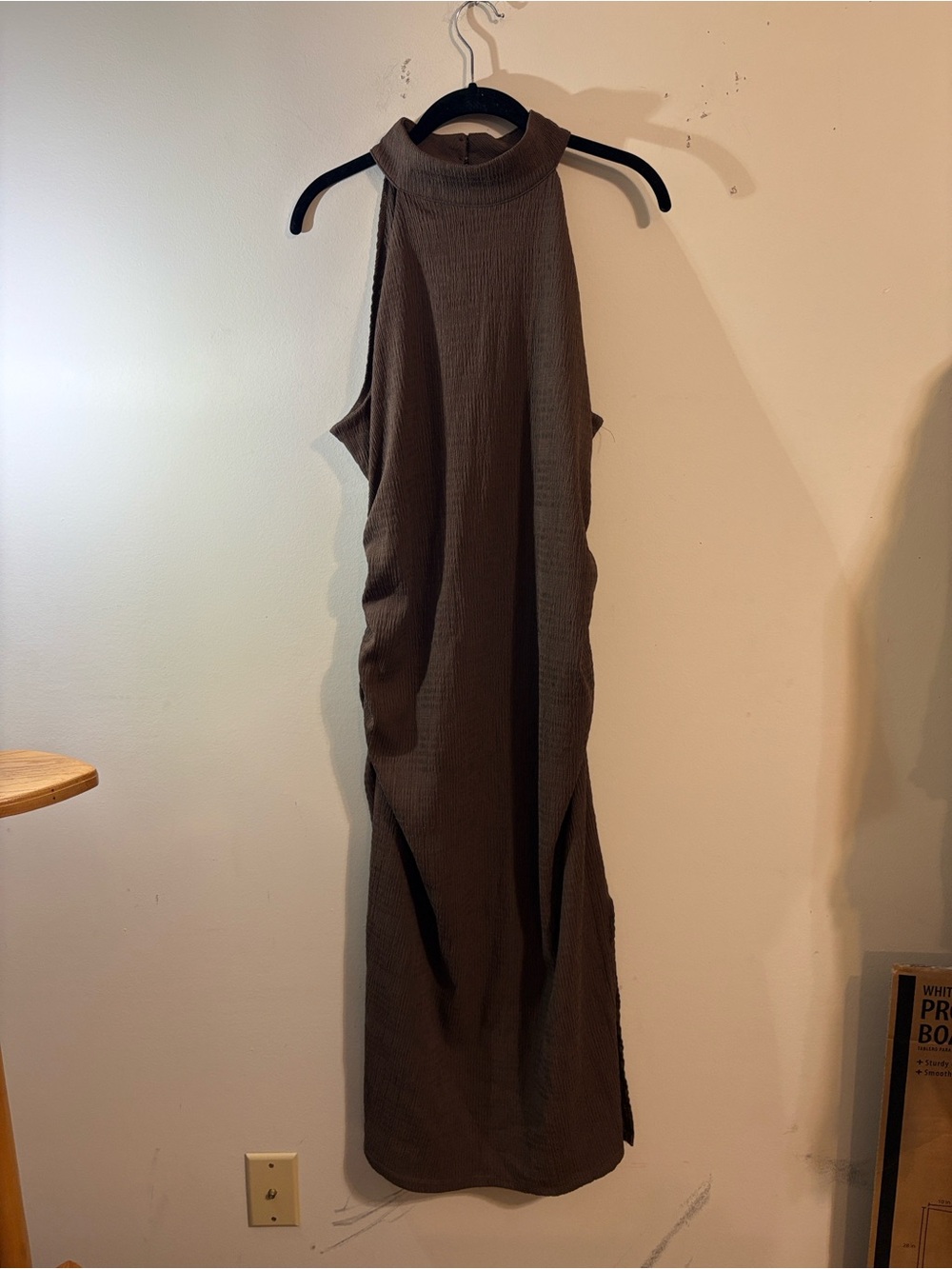 Sofia dress brown sleeveless mock neck midi side ruching halter neckline X-Large